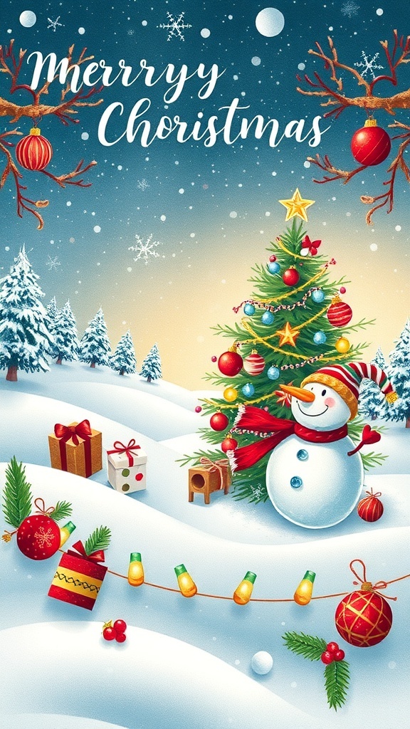 A festive Christmas card design with a snowy scene, Christmas tree, and snowman.